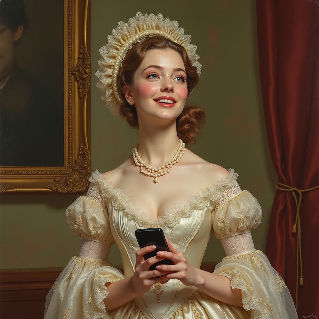 Regency Lady Amused by Mobile Phone
