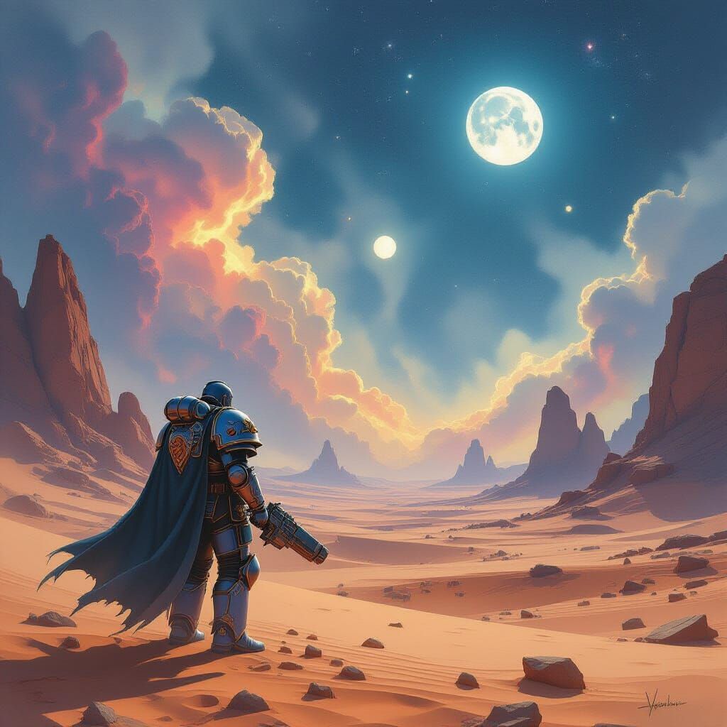 Space Marine on Alien Desert Under Cosmic Nebulae