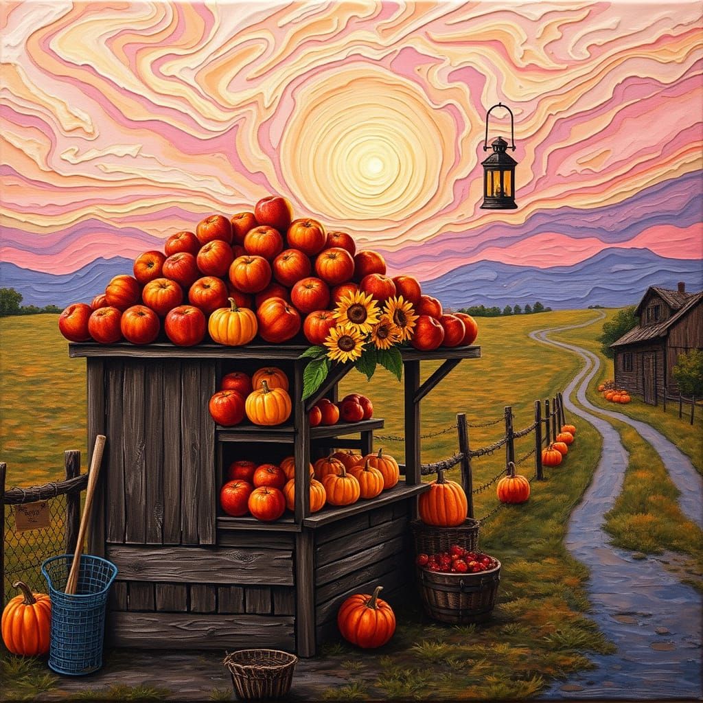 Rustic Farm Stand at Sunset in Impasto Acrylics