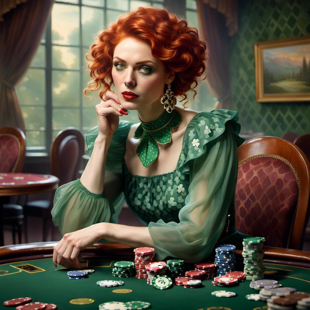 Lucky Woman at Poker Table in Ethereal Style