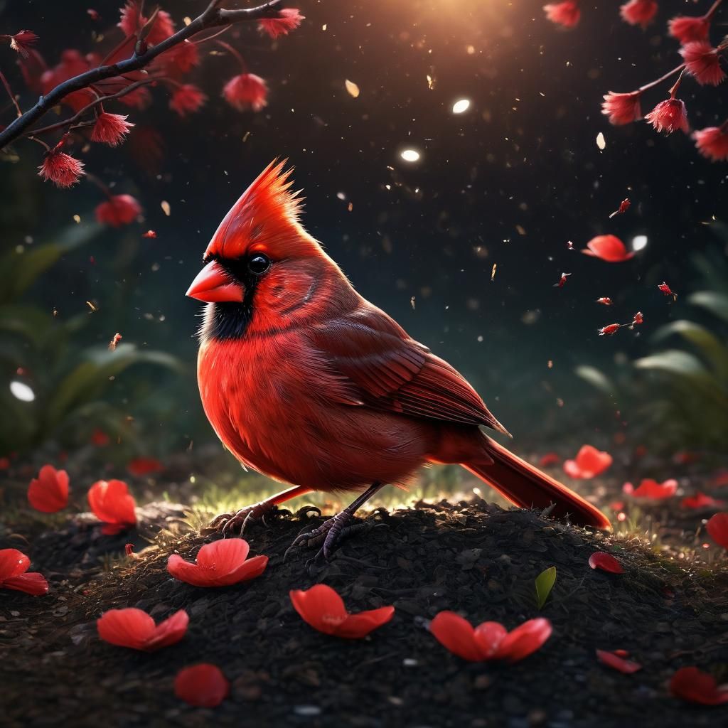 Adorable Red Cardinal Shimmers Under Sakura Petals