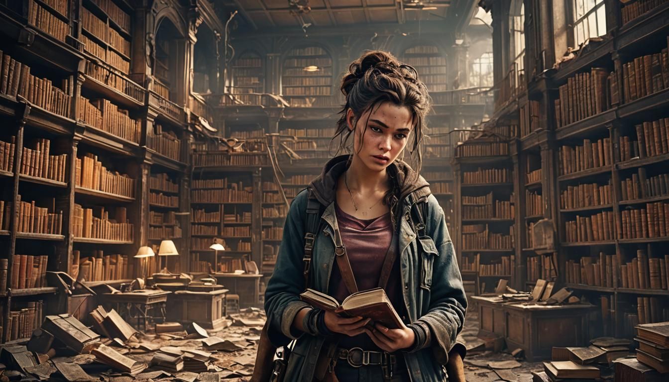 Post-Apocalyptic Librarian in Ruined Library, Digital Art