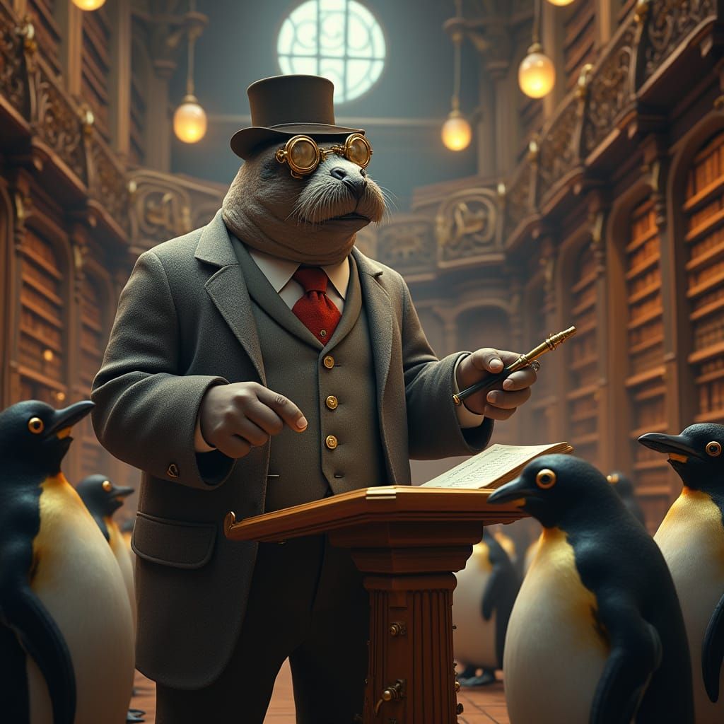 Steampunk Walrus Professor Teaches Clockwork Penguins in Ele...