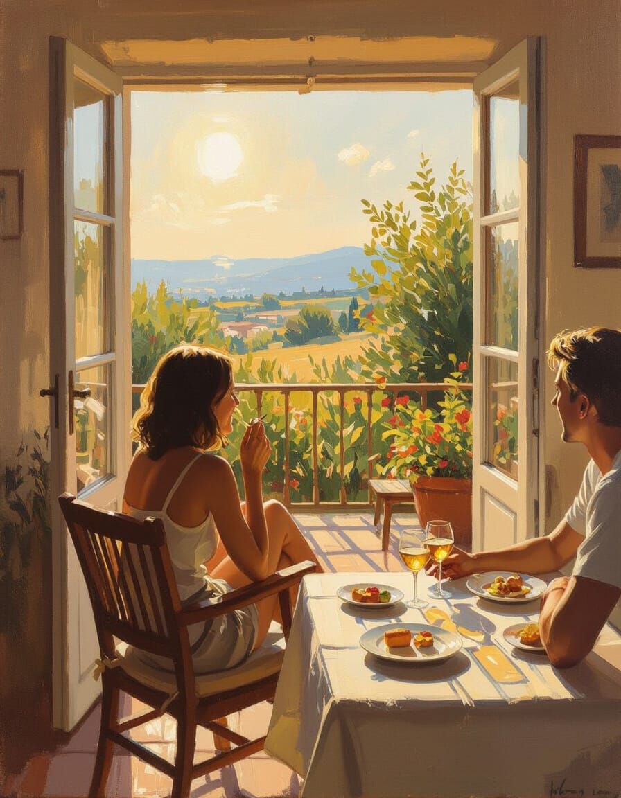 Woman Laughing on Sunny Terrace Oil Painting