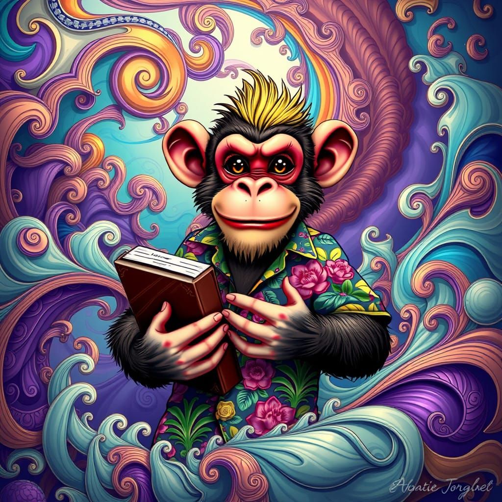 Vibrant Anime Monkey Explores Fractal Realms in Abstract Vec...