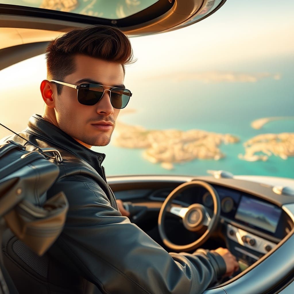 Futuristic Flying Car Soaring Over the Mediterranean Sea