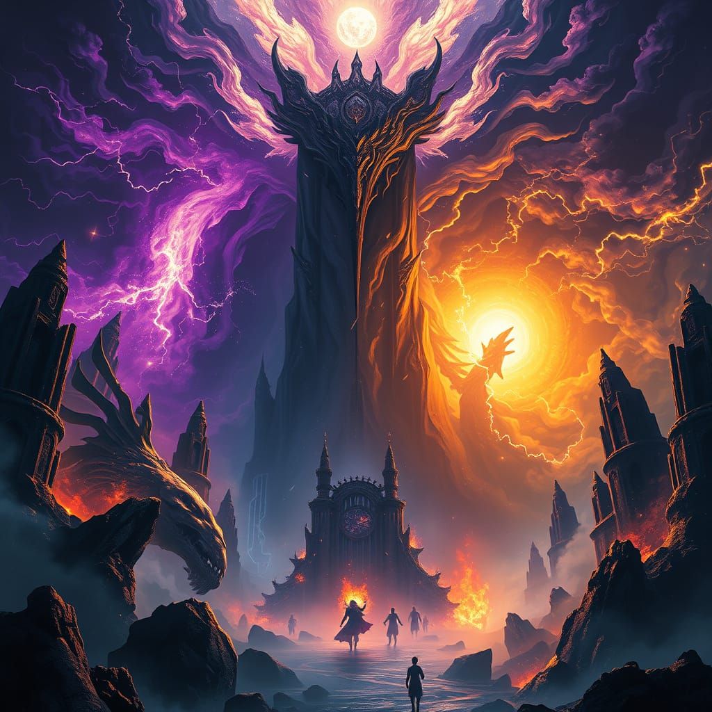 Epic Clash of Light and Darkness in Dark Fantasy Style