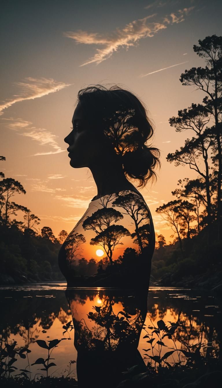 Silhouette Filled with Sunset Nature Vibe: Double Exposure