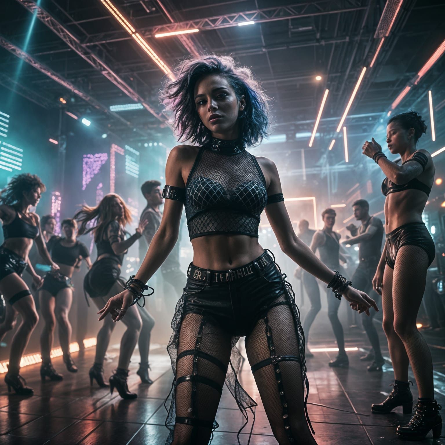 Dancing Woman with Electric Figures in Hyperrealistic Style