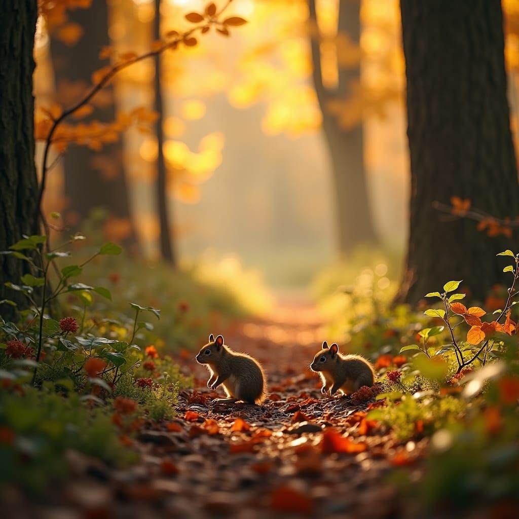 Golden Autumn Forest with Playful Woodland Creatures