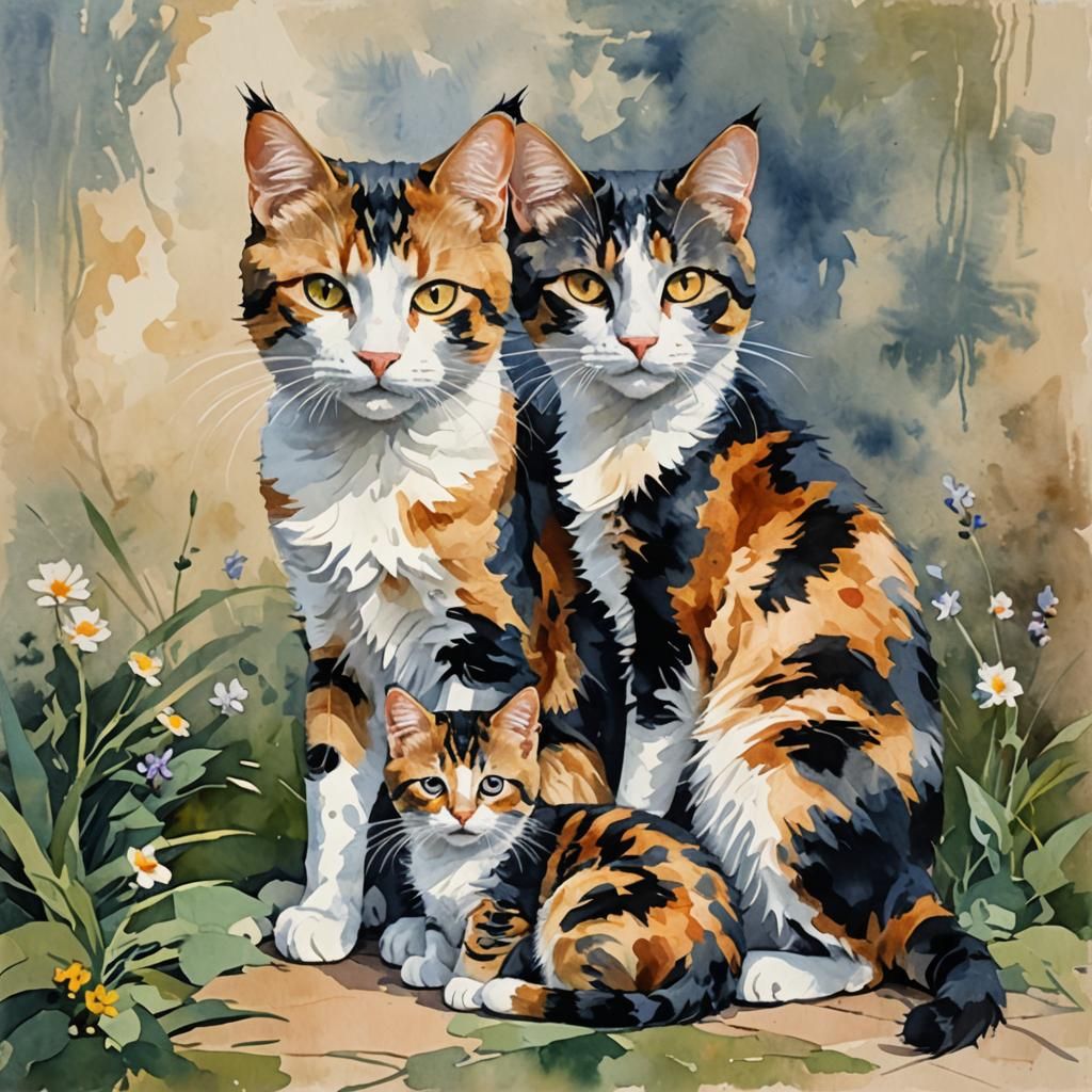 Calico Cat and Kittens in Gouache Style