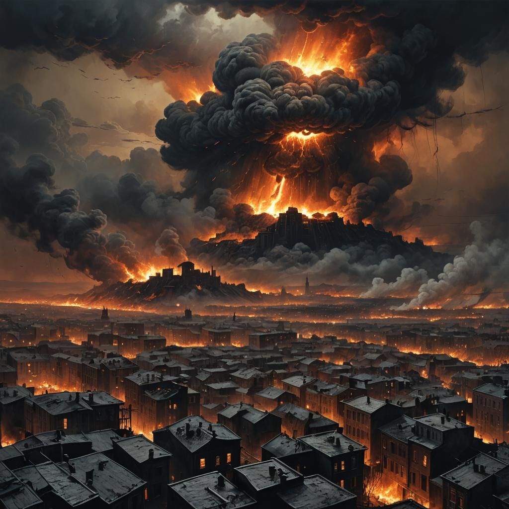 Town Ablaze Under Black Sun: Matte Painting