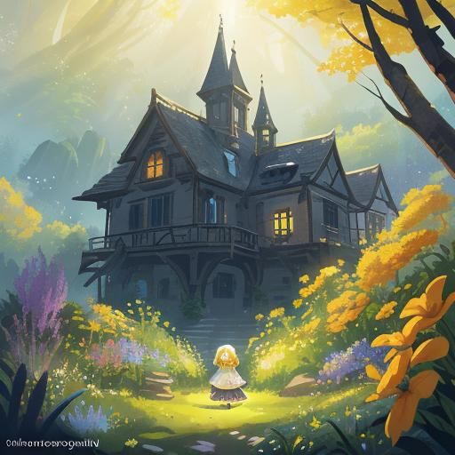 Girl in Golden Dress in Blooming Garden