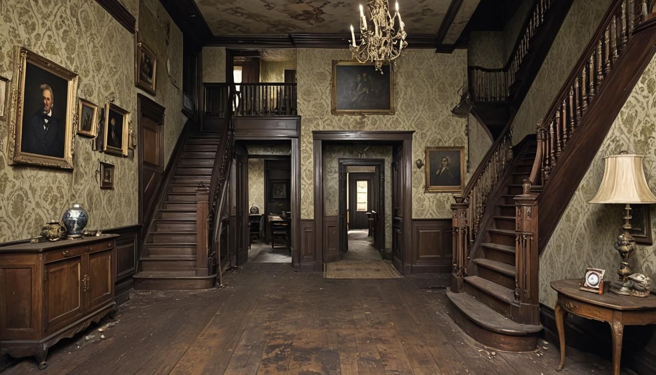 Eerie Haunted House Interior with Ghostly Apparitions