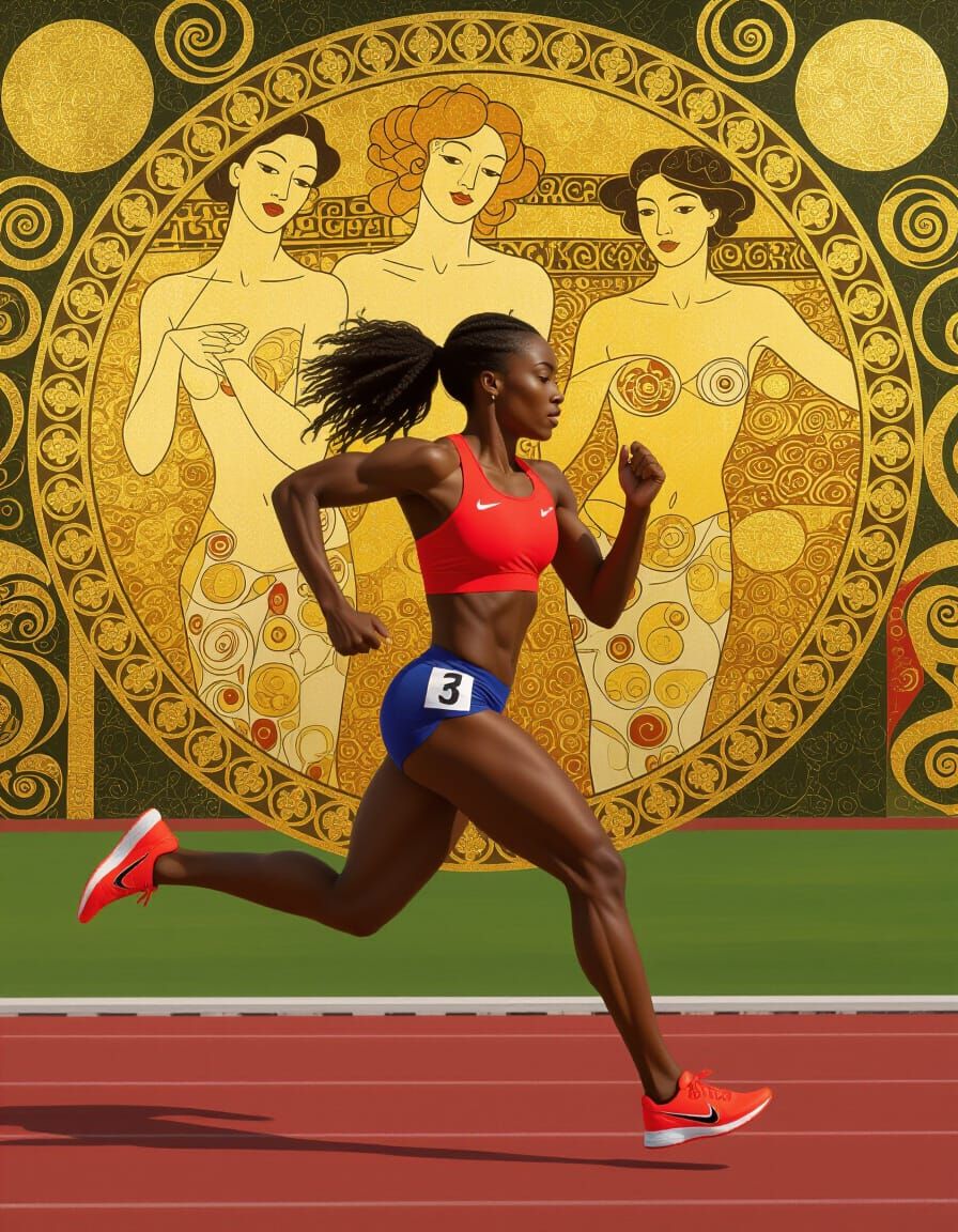 Athlete in Klimt-Inspired Art Nouveau Dreamscape