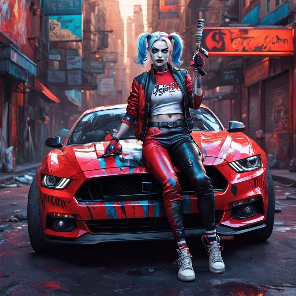 Sultry Harley Quinn in Vibrant Jester Outfit, Baseball Bat P...