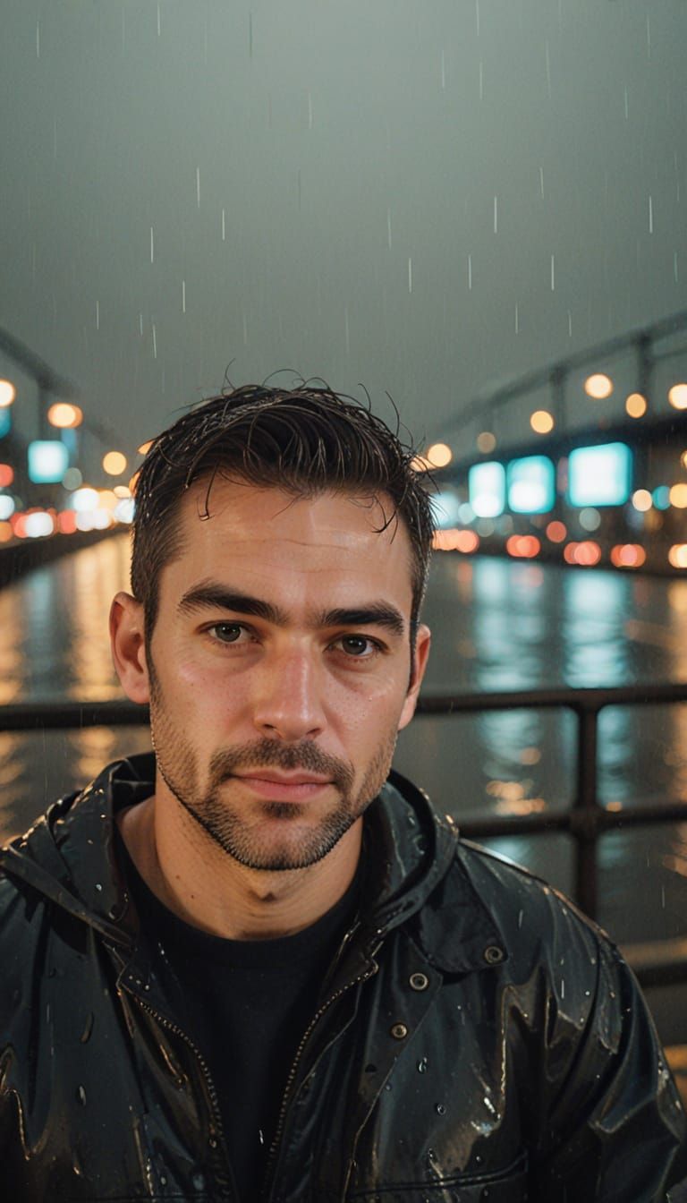 Man Leans on Steel Bridge in Rainy Cityscape