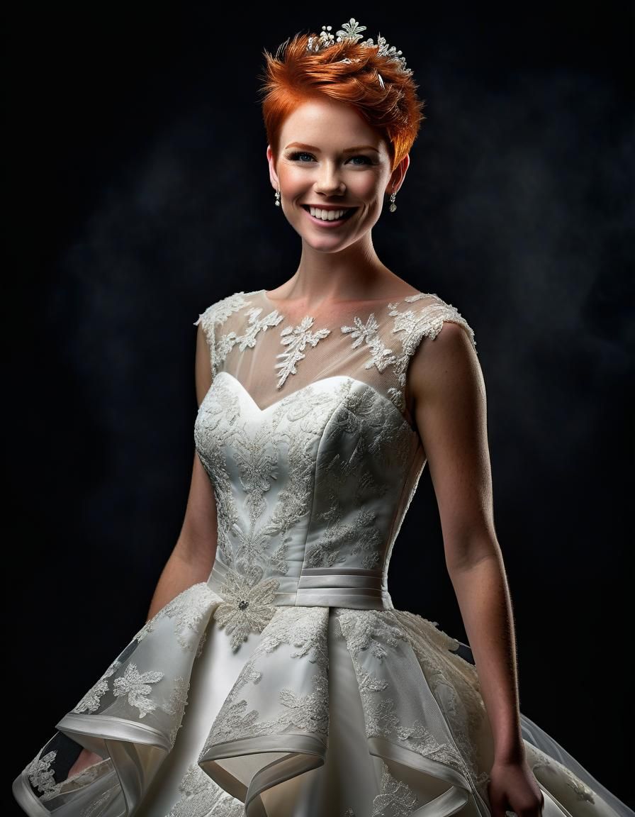 Glamorous Red-Haired Bride in Organza Lace Gown