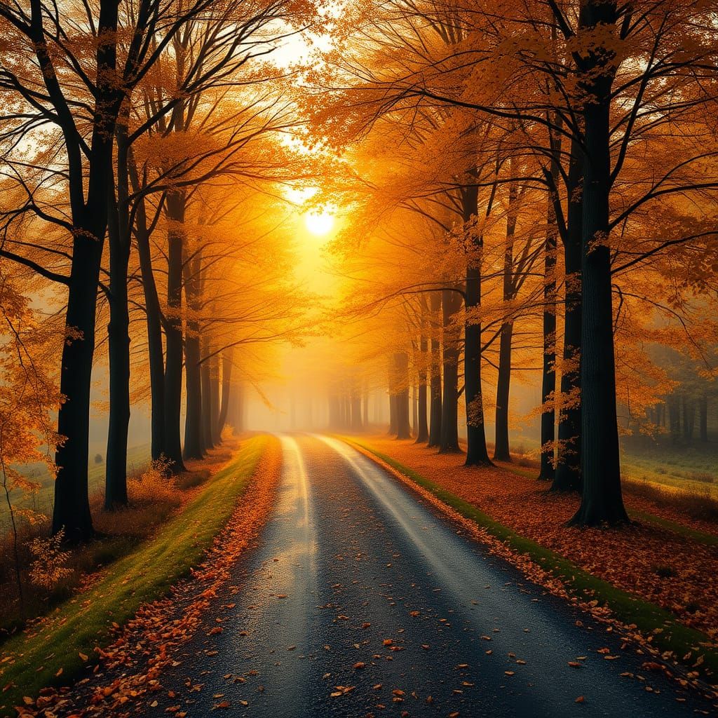 Golden Autumn Morning on a Maple Lane