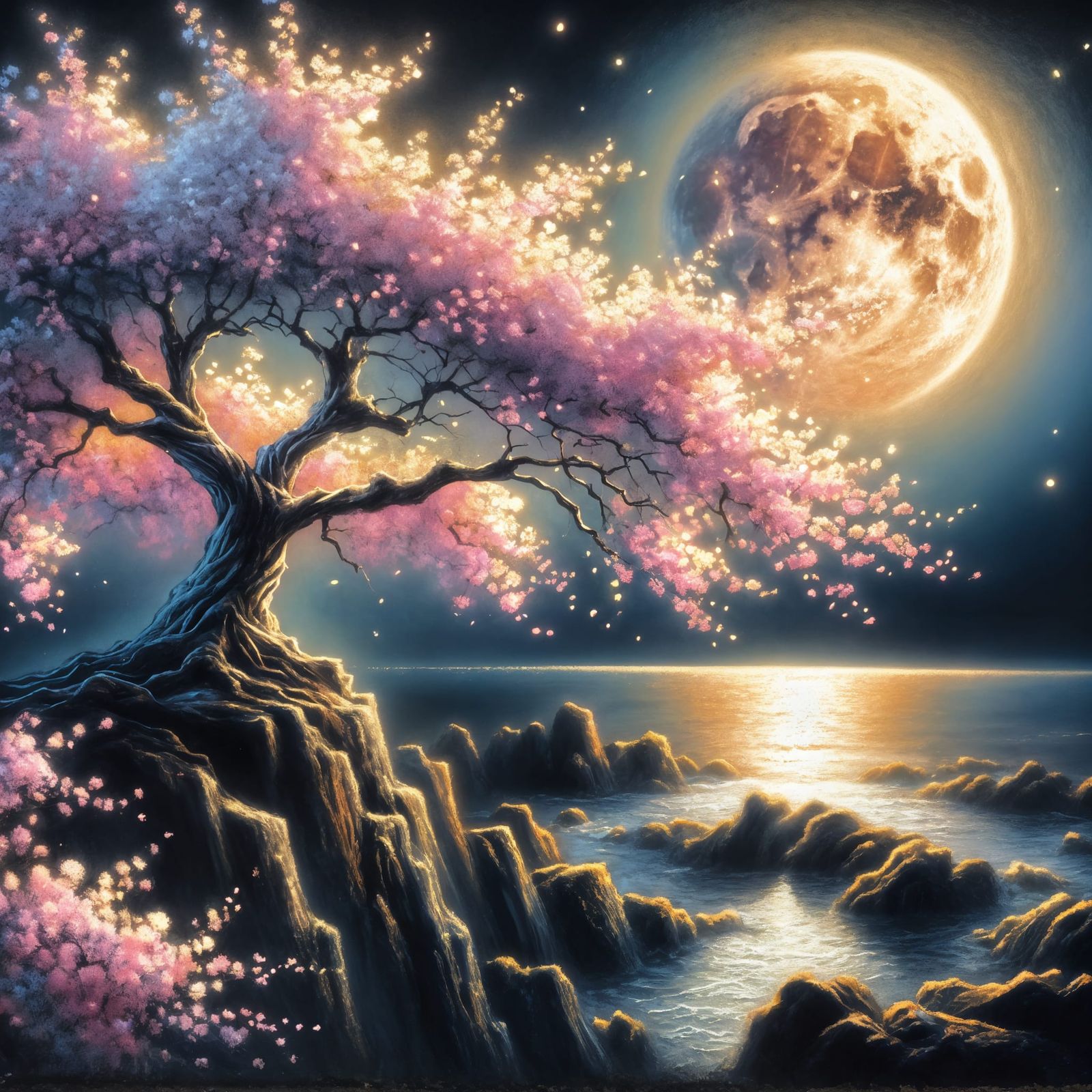 Serene Pastel Landscape Bathed in Full Moonlight