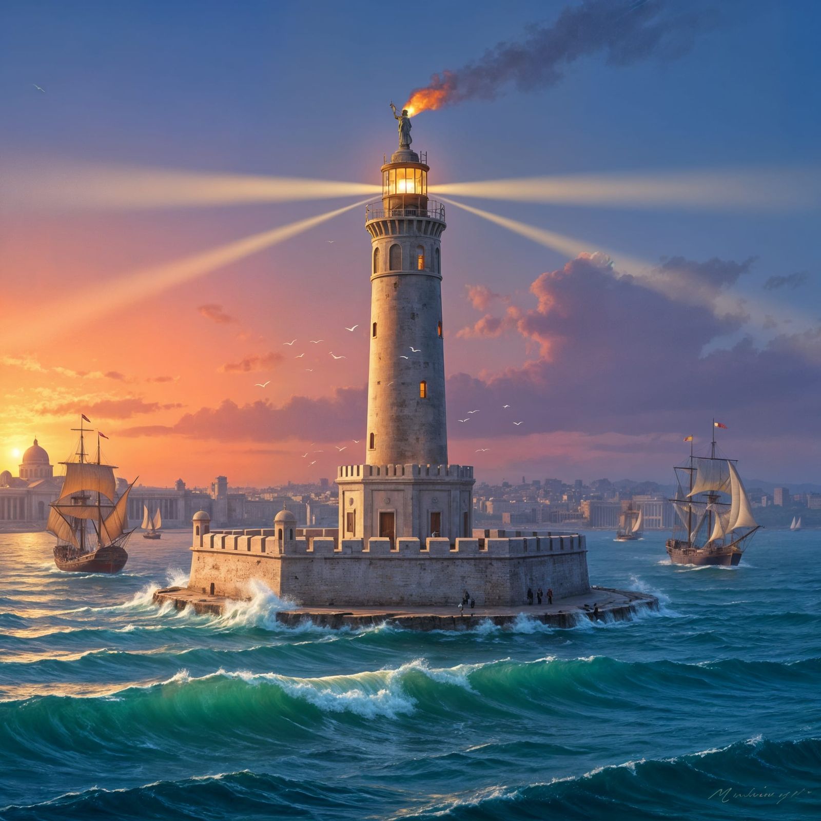 Pharos Lighthouse Maritime Oil Painting at Sunset