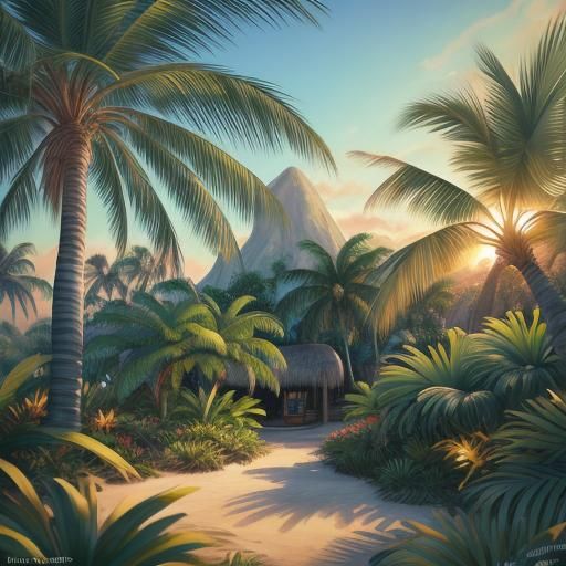 Tropical Island Palm Trees in Vibrant Oil Painting Style