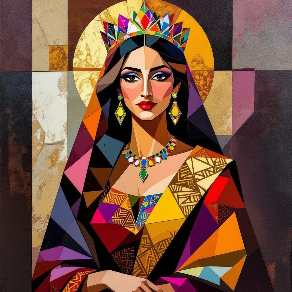 Regal Tunisian Queen in Cubist Art Deco Style