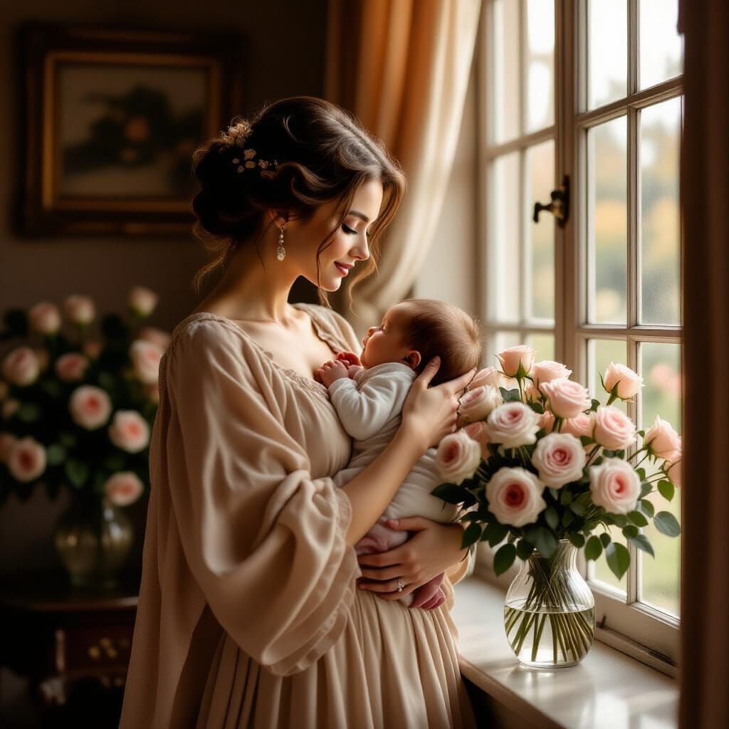 Mother and Child in Sepia-Toned Dreamscape