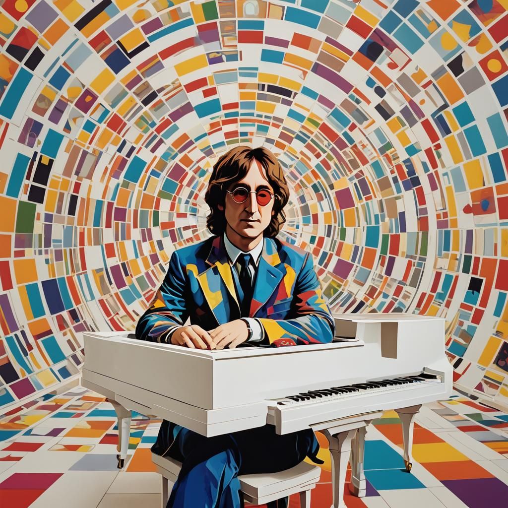 John Lennon at White Piano in Pop Art Style