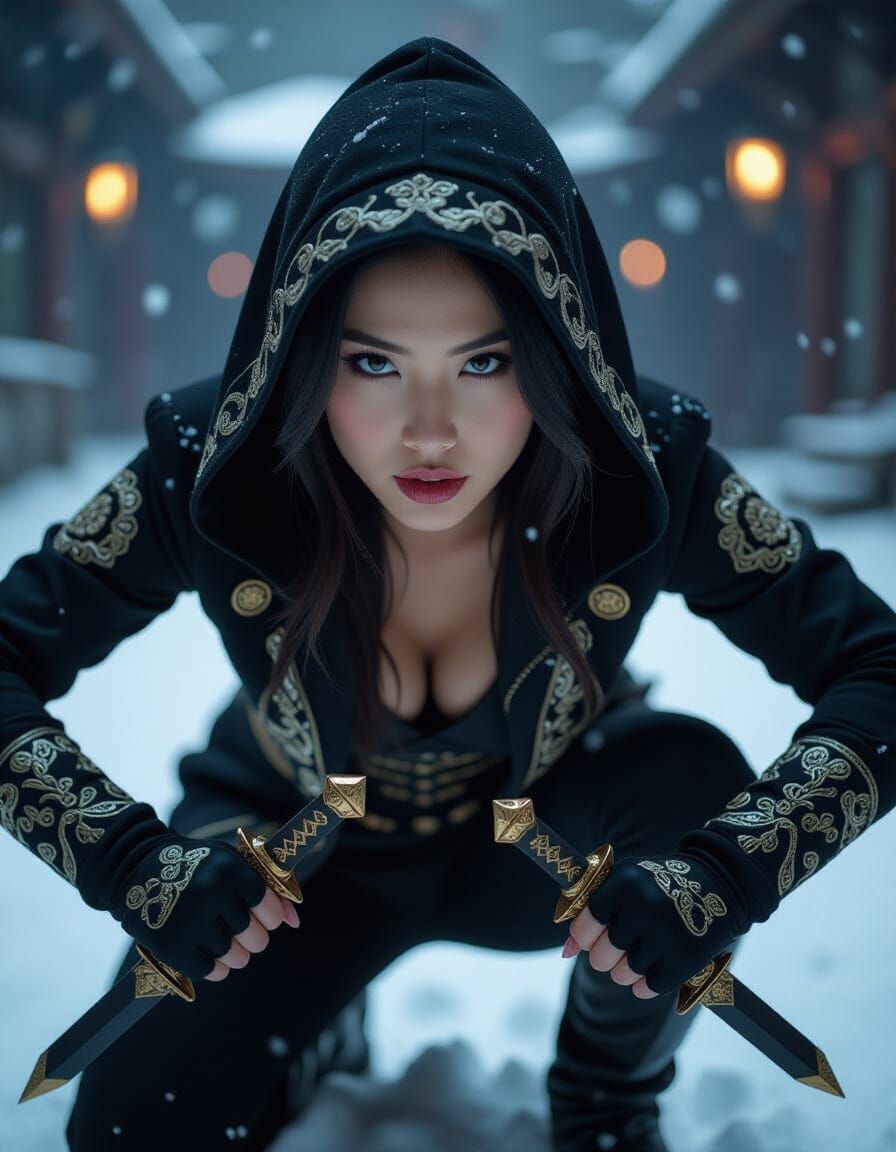 Asian Woman Fights in Snow With Daggers