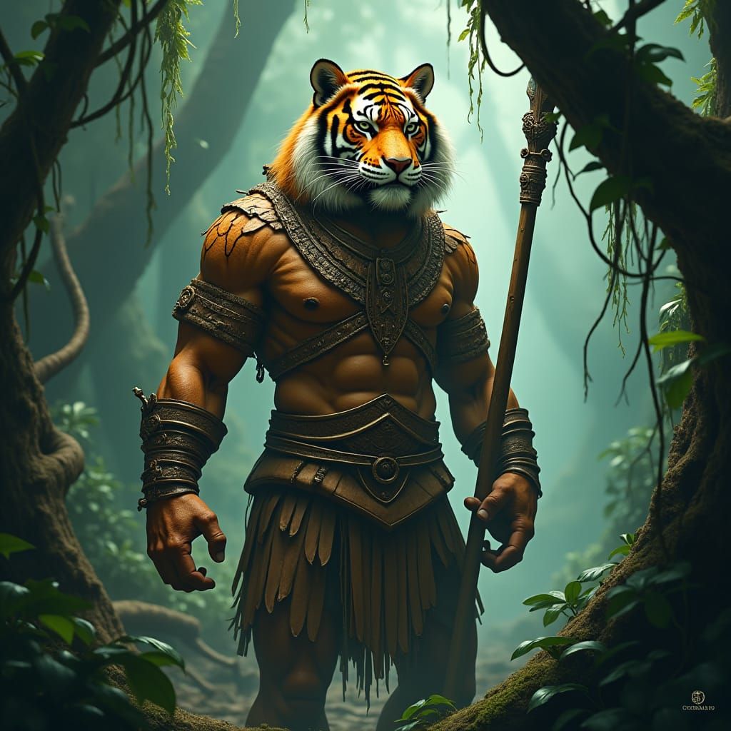 Tiger-Headed Warrior in Emerald Jungle Light