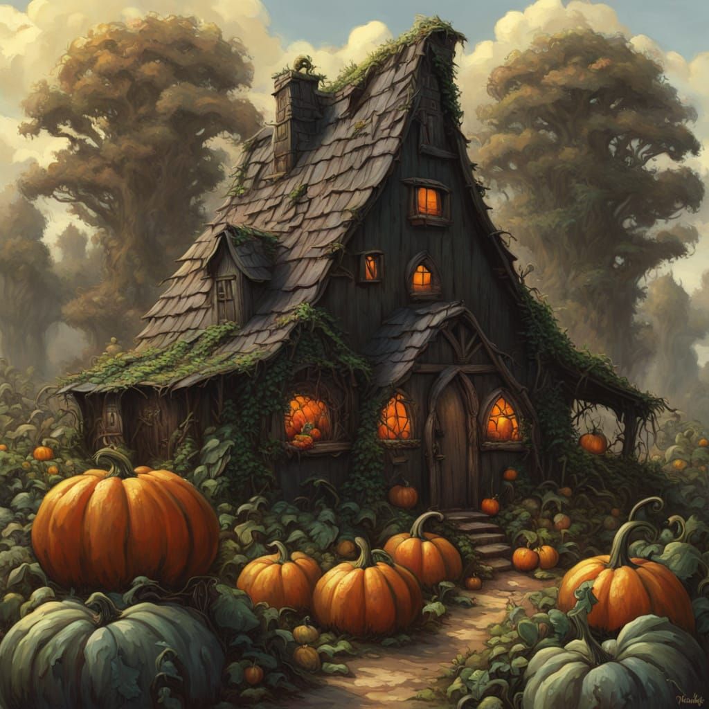 Sinister Witch's Cottage Among Giant Vegetables