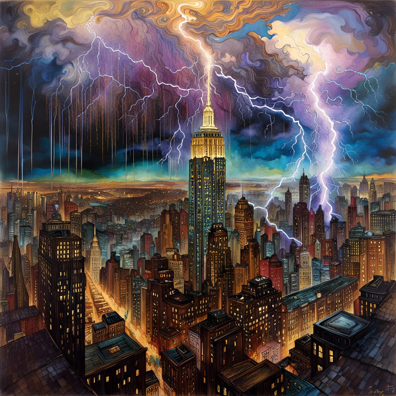 Dramatic thunder storm lightning on Empire State Building, New York