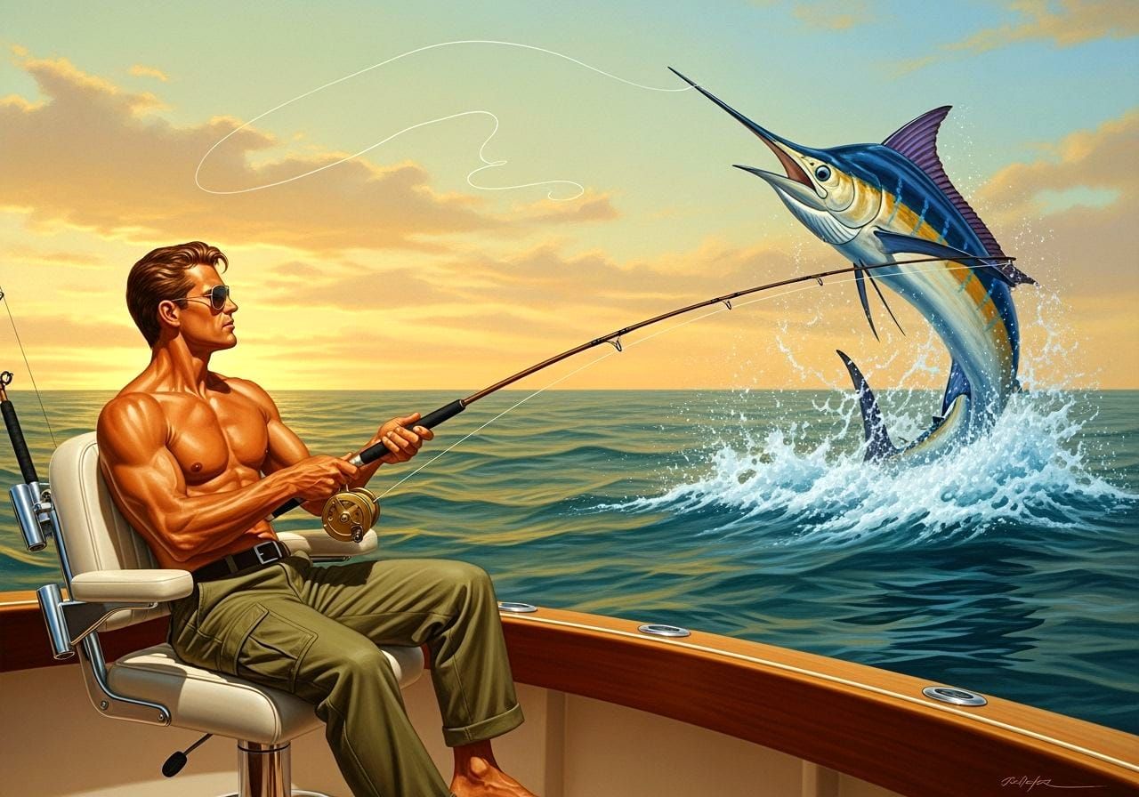 Man Fights Blue Marlin on Sportfishing Boat