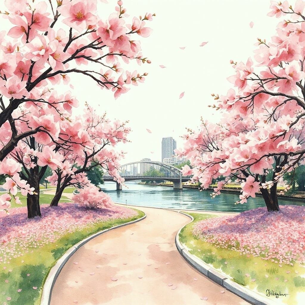 Watercolour Painting of a City River Walk with Pink Cherry B...