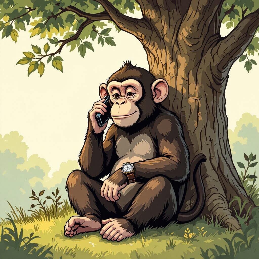 Monkey Chatting on Cellphone in Whimsical Illustration