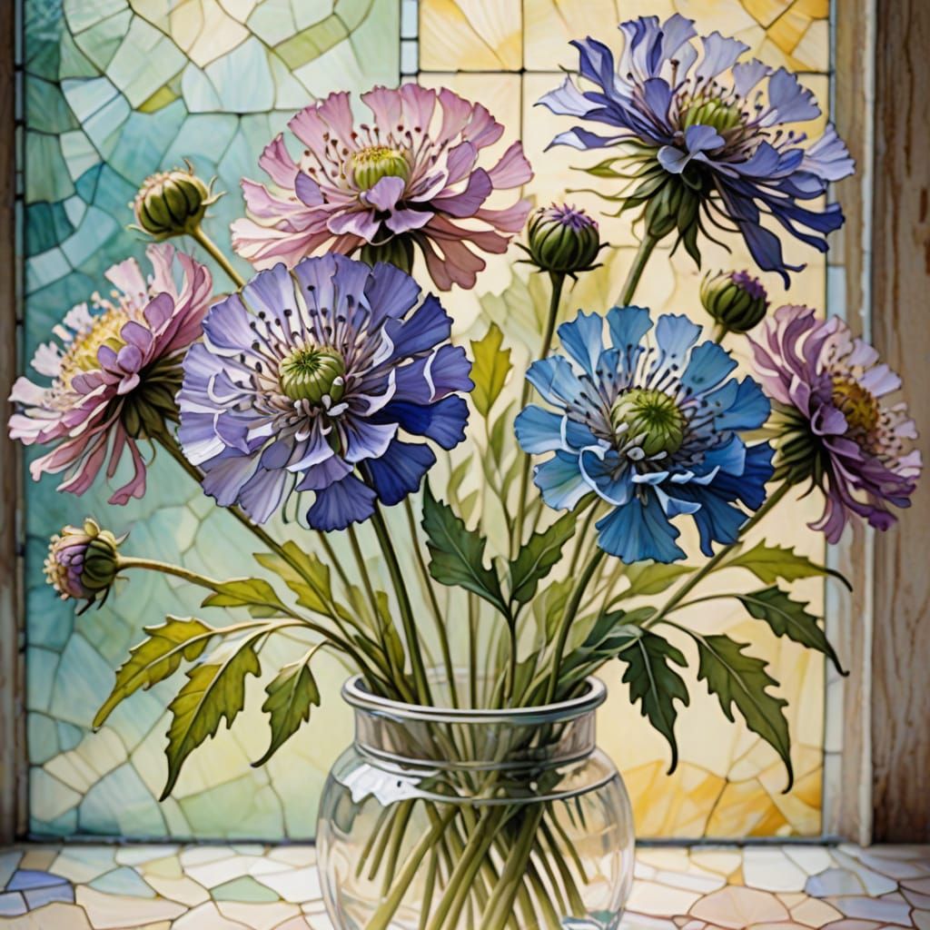 Glass Painting Still Life of Scabious Flowers
