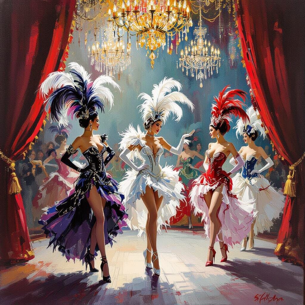Showgirls on Moulin Rouge Stage in Impressionist Style