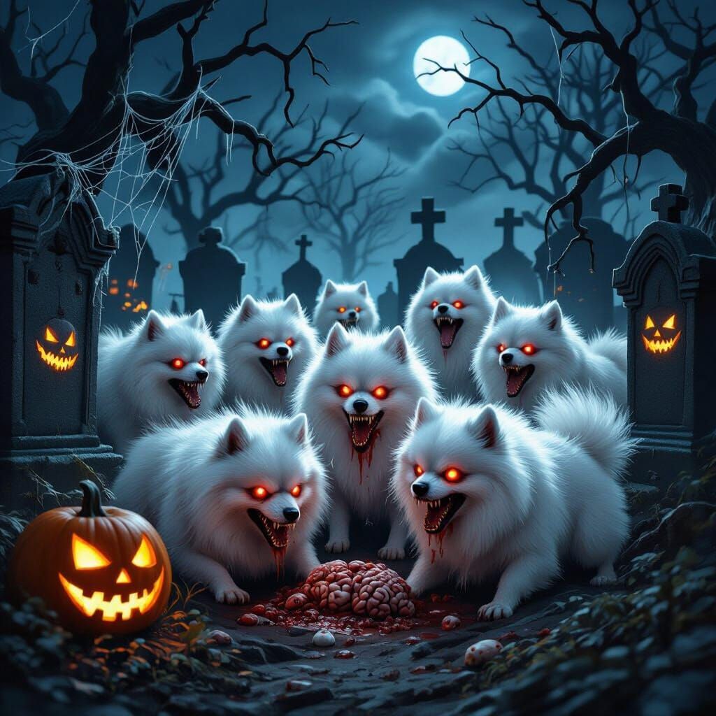 Zombie Pomeranians Feast on Brains in Haunted Cemetery