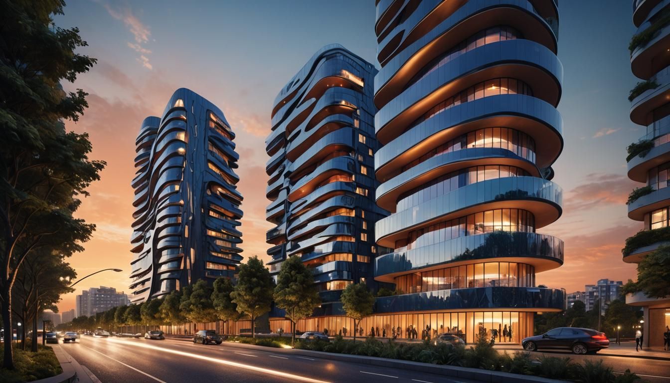 Zaha Hadid Inspired High-Rise Reflecting Sunset