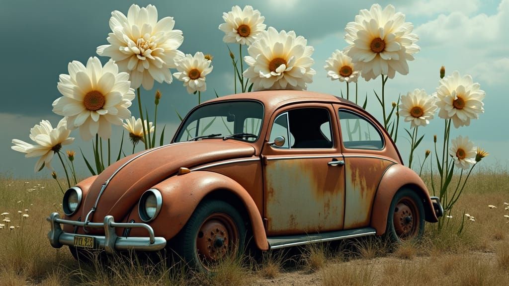 Moonflowers Bloom Over Rusty Volkswagen Beetle