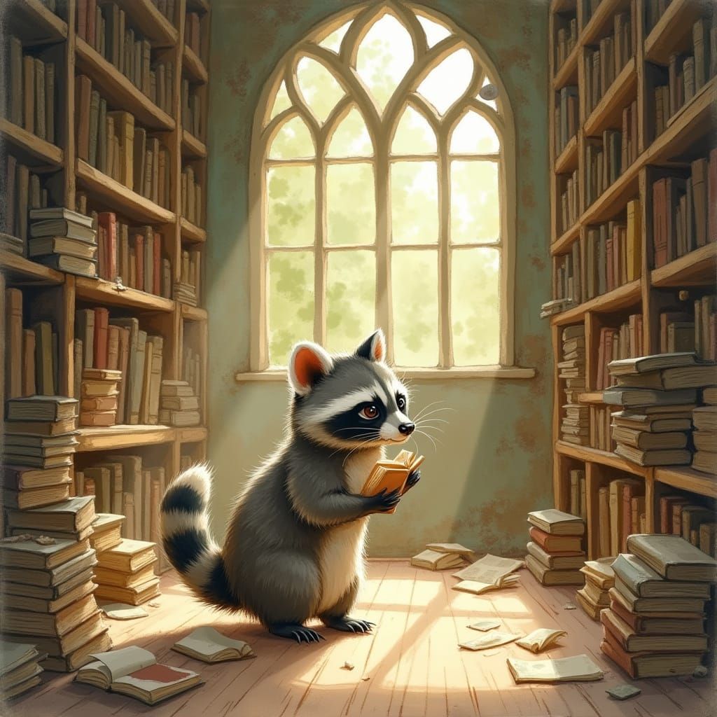 Raccoon in Abandoned Library, Watercolor Style