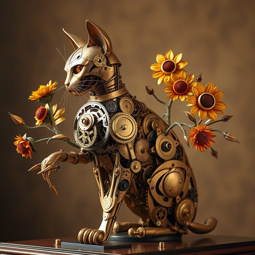 Steampunk Cat Sculpture in Intricate Clockwork Architecture