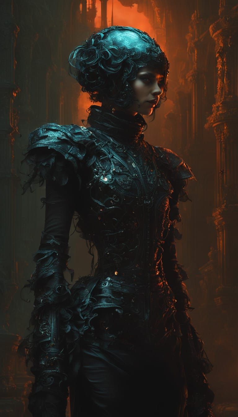 Cyberpunk Gothic Oil Painting: Chrome Fashion Model in Victo...