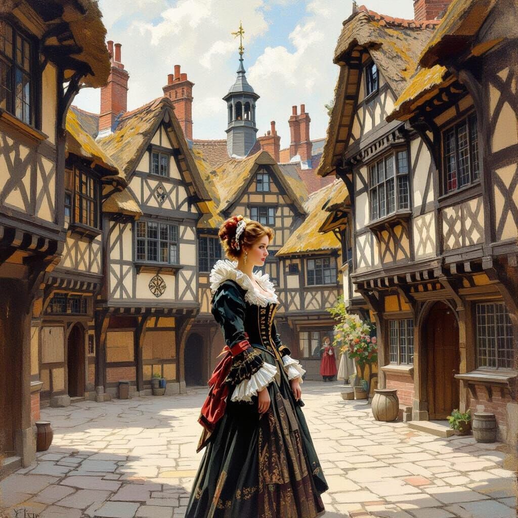 Elizabethan Woman at the Globe Theatre in Impressionist Styl...