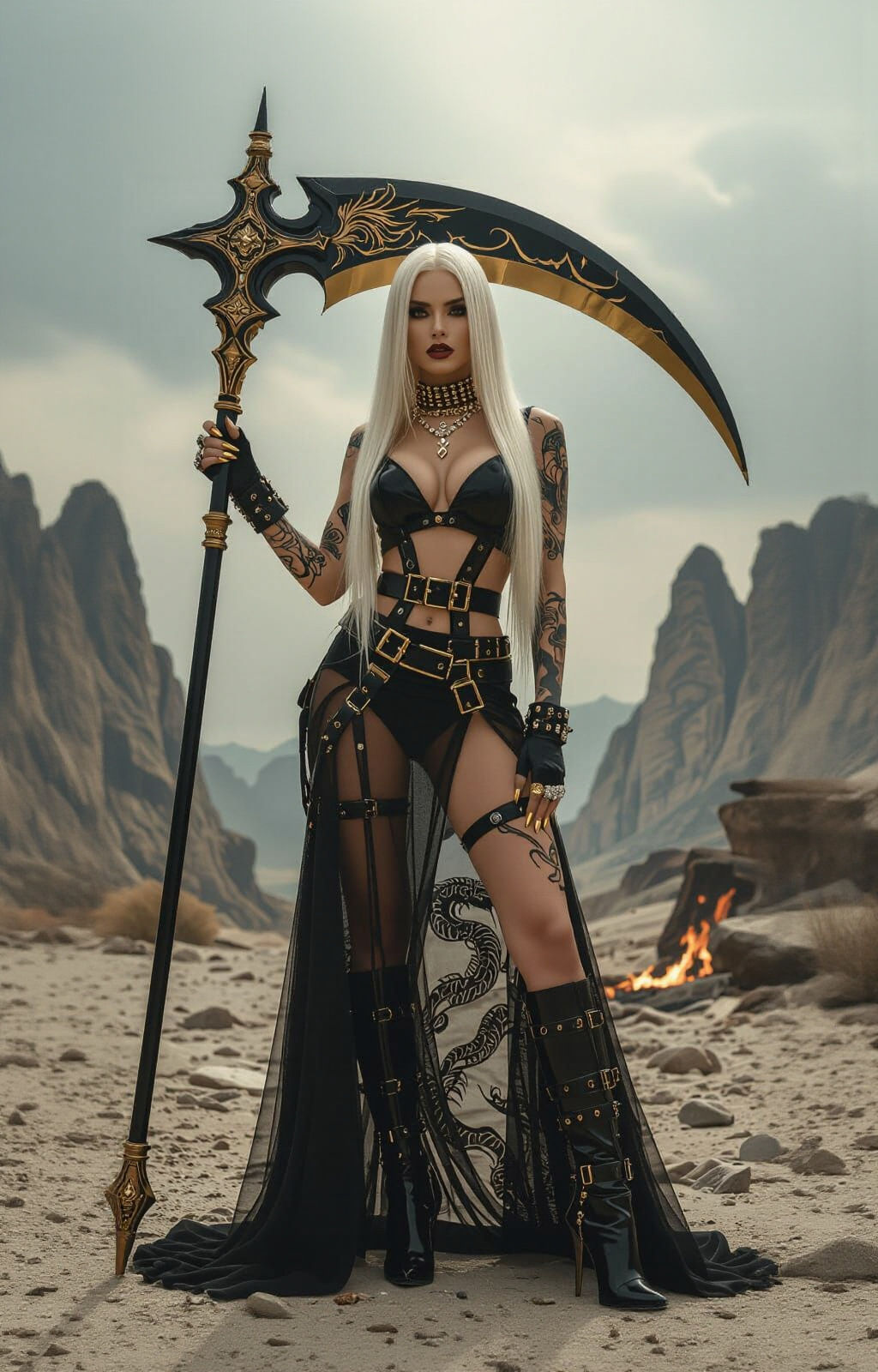 Glamorous Woman with Dragon Tattoos in High Fashion