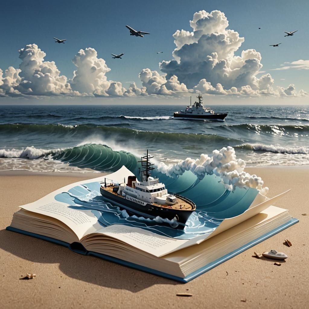Military Ship in Pop-Up Book Ocean Scene