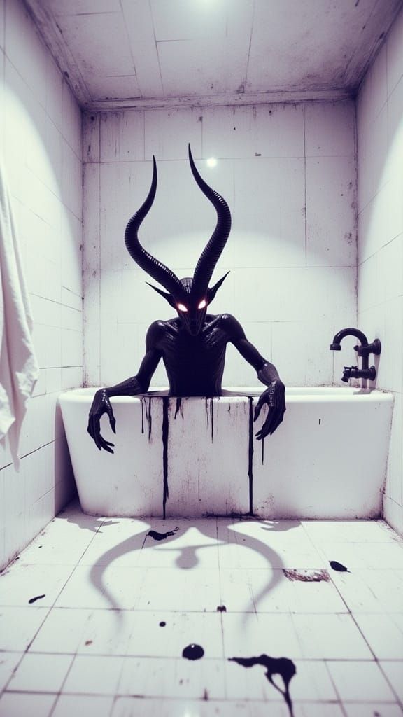 <lora:Macabro:1.0> Deep dark black demon rising from the tub, bright white family bathroom, glowing eyes, overgrown horn...