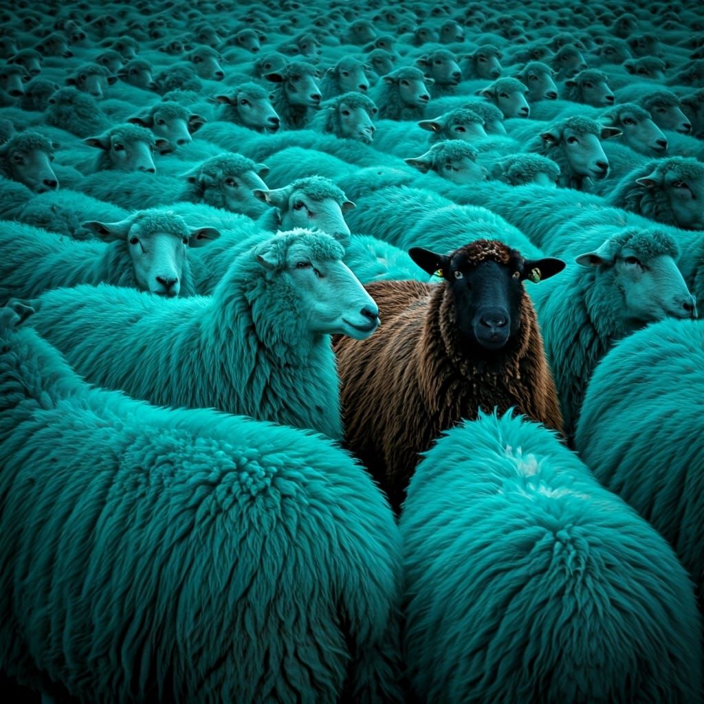 Hyperrealistic Turquoise Sheep with Black Sheep