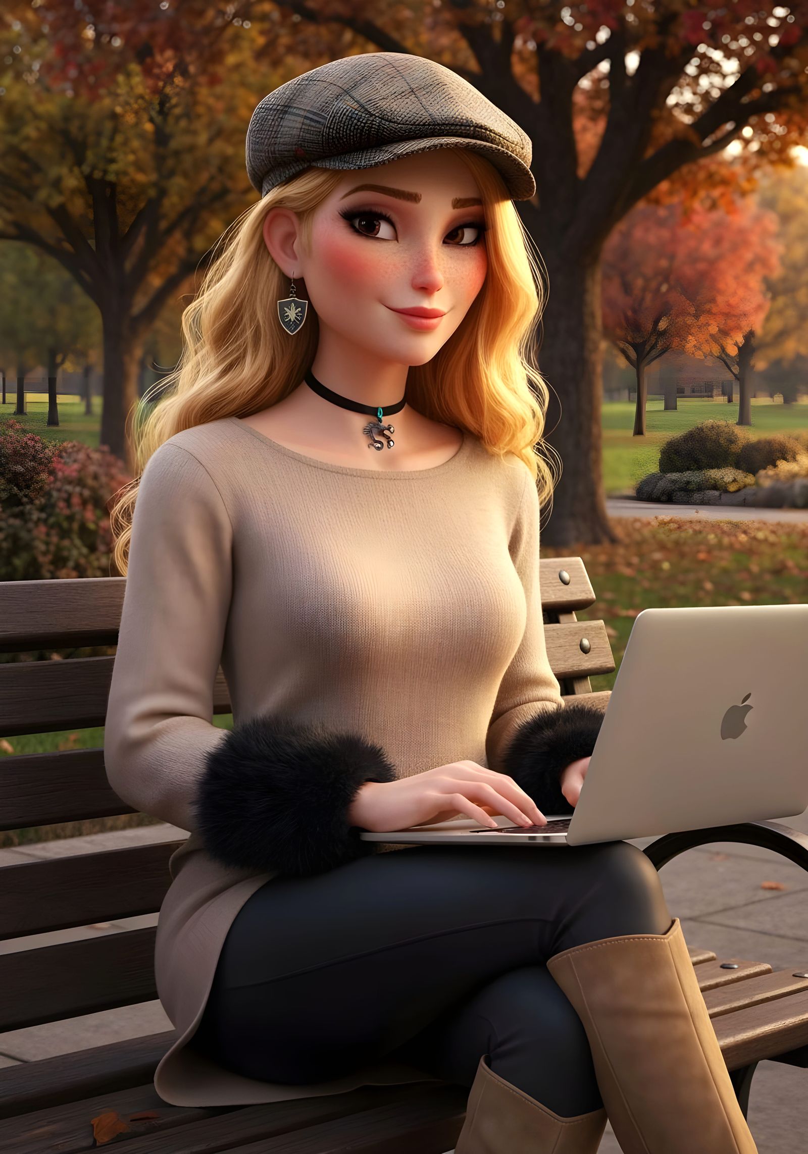 Anime Writer Woman Typing in Autumn Park